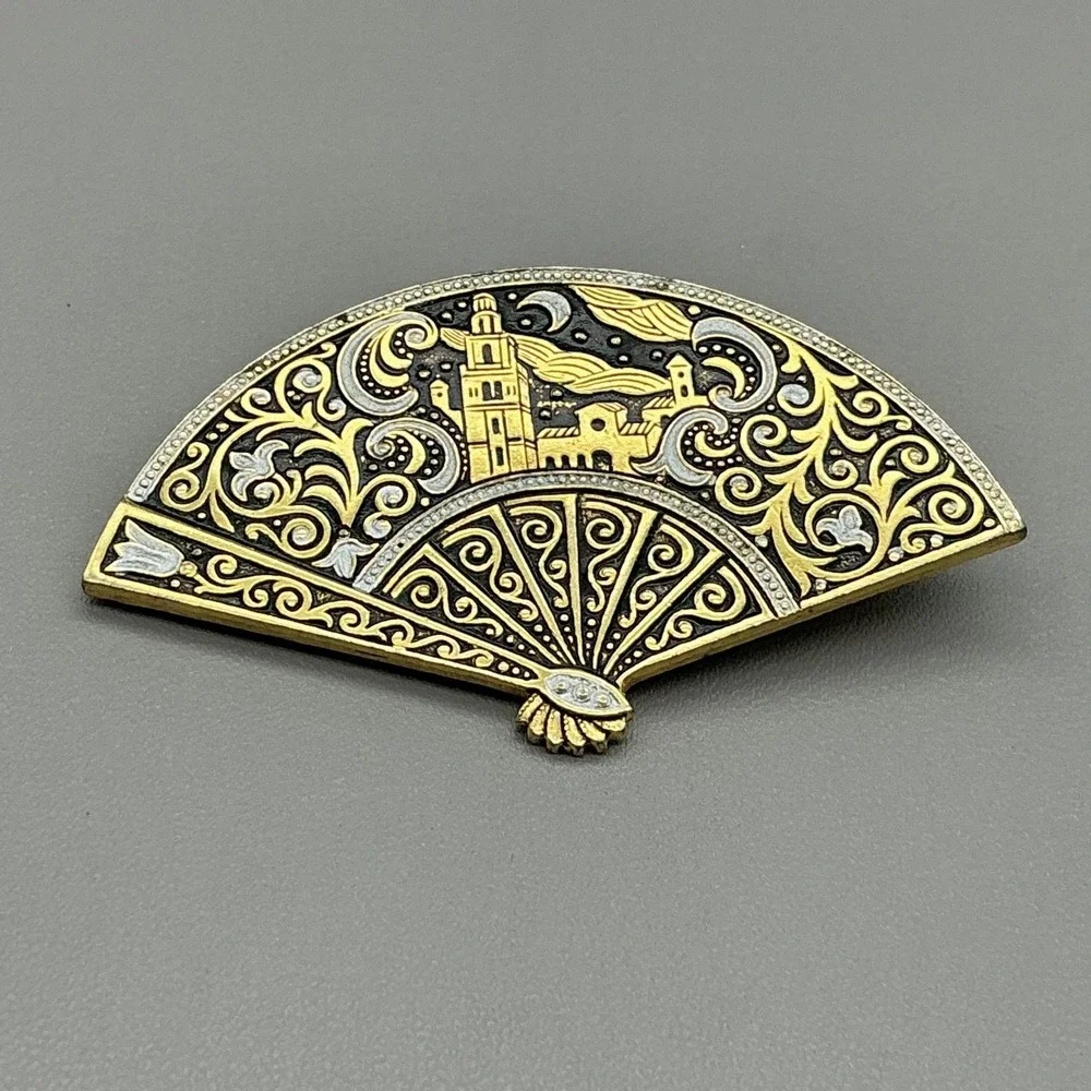 Gold Tone Fan Brooch Pin Damascene Cityscape Black Enamel Costume Jewelry 2